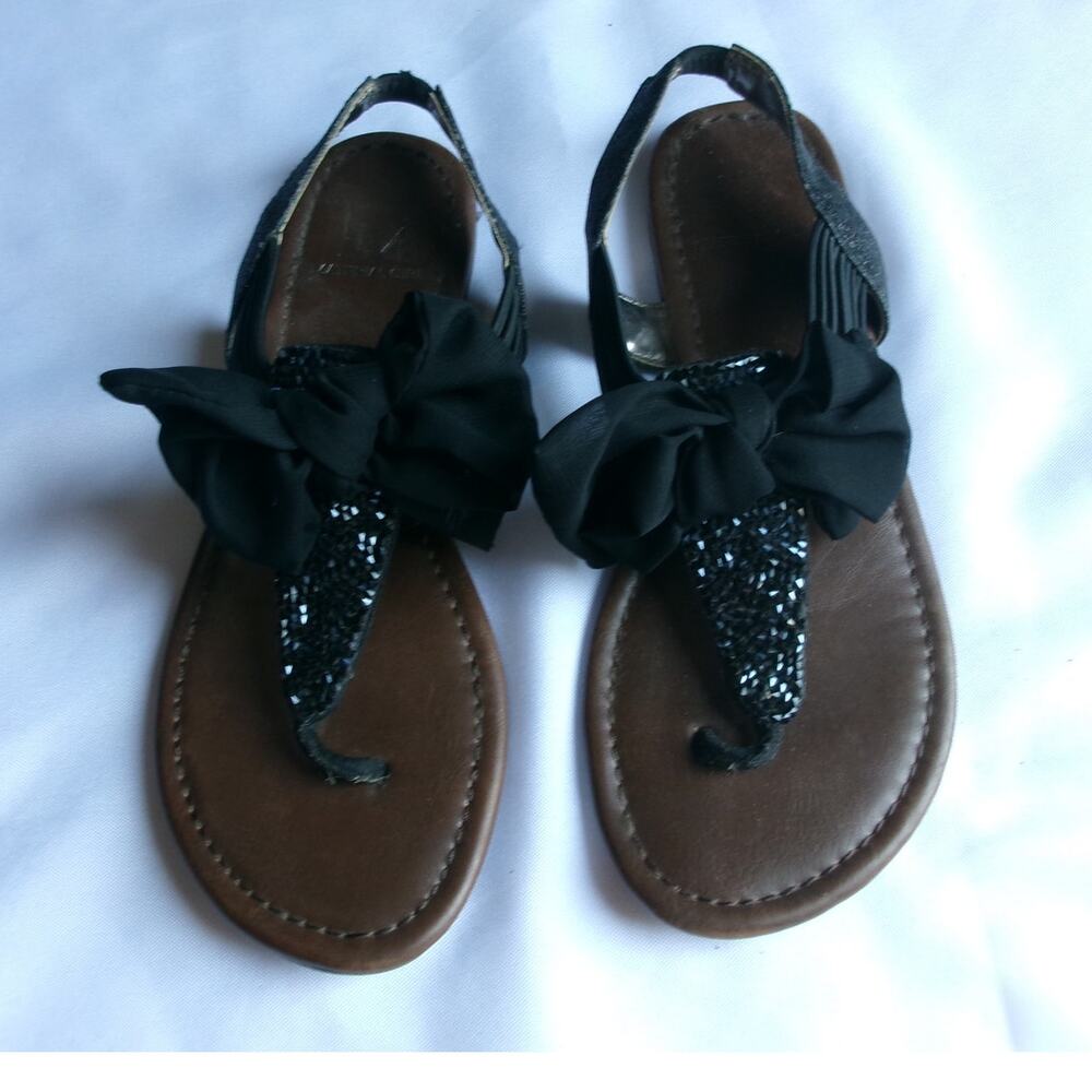 Madden Girl Black Rhinestone Bow Thong Slingback Flat Sandals Women Size 6